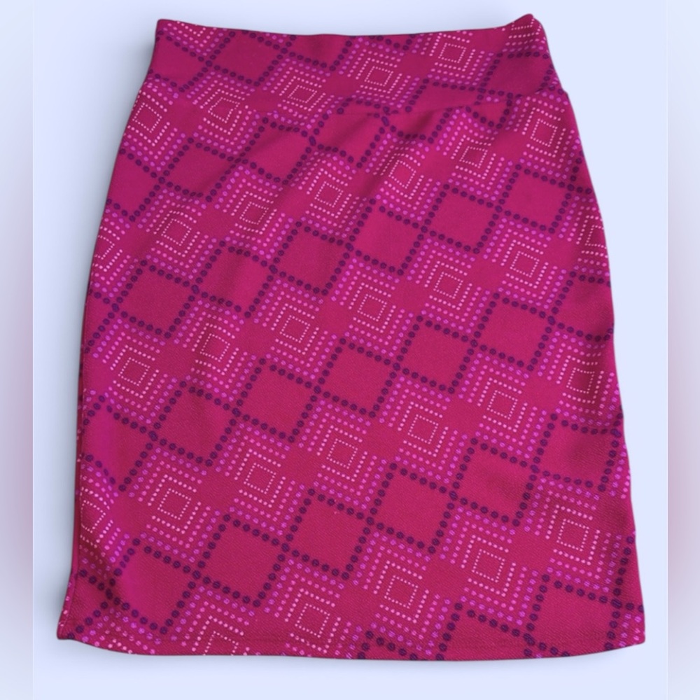Lularoe Cassie Pencil Skirt Purple & Pink Geometric Polka Dot Print Medium EUC